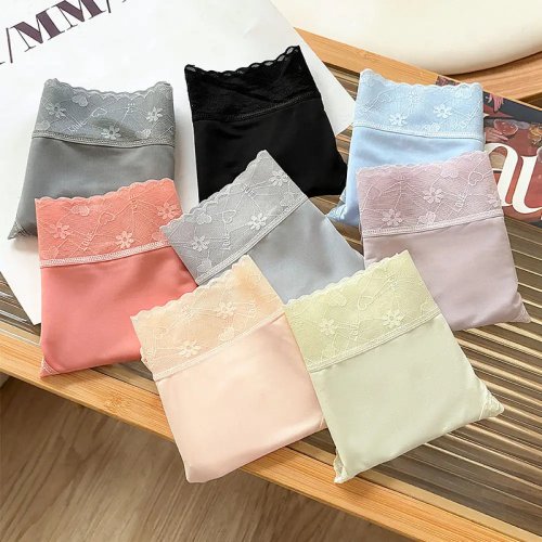Dames slipjes middelhoge taille van ice silk, ademend katoenen kruisje, kanten rand, grote maten, naadloos, comfort