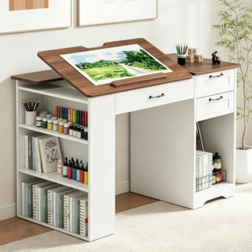 Mesa de dibujo ajustable con 3 estantes abiertos, armario de almacenamiento y tres cajones, estación de trabajo estilo Art Deco en blanco