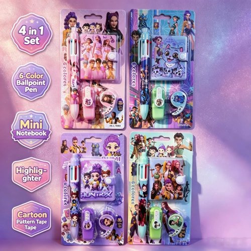 Lumi Mila Zoi Anime Hunters Theme 4-in-1 Stationery Set with 6-Color Ballpoint Pen, Mini Notebook & Highlighter Tape - School Gift