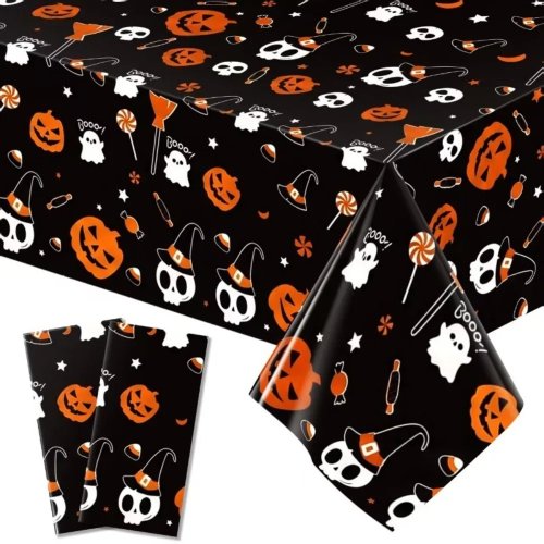 1/3 Stück Einweg-Folien-Halloween-Tischdecke, 137x183 cm, schwarz bedruckt mit Kürbis, Geist, Totenkopf, Deko für Ess- und Desserttisch