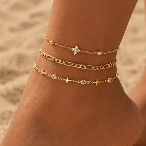 Set de 3 bracelets de cheville chaîne croix faite main, cristal transparent en forme d'œil et fleur à quatre feuilles, bijou de plage pour pieds