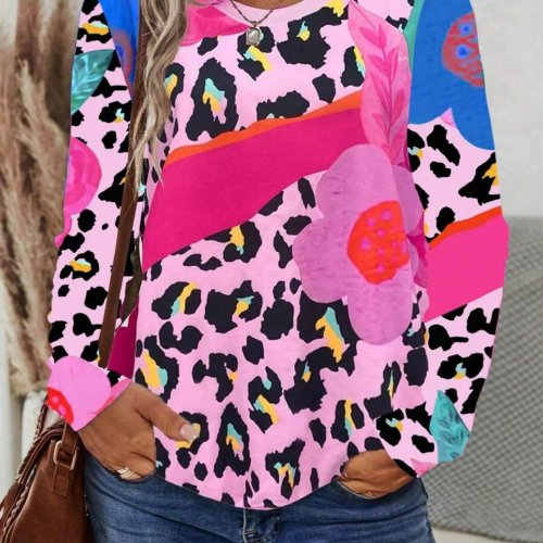 Sudadera para Mujer Manga Larga Cuello Redondo Estampado Leopardo Floral Casual Otoño