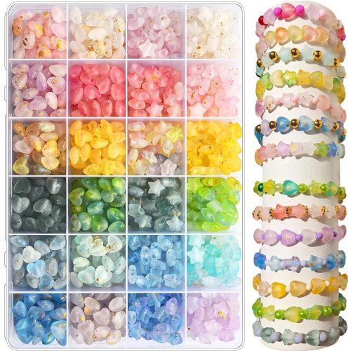 24-Grid Acrylic Star & Heart Bead Set, Frosted Gold Foil Pastel Assorted Spacer Beads for DIY Bracelet Jewelry Making