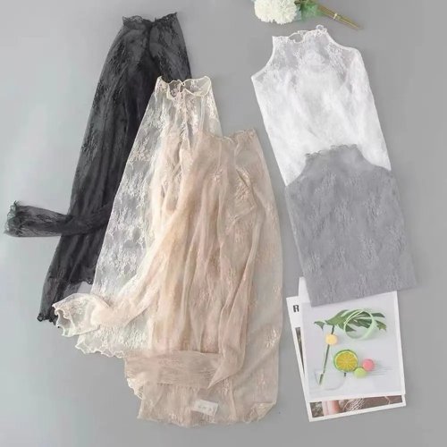 Blusa de encaje para mujer cuello alto medio manga larga malla transparente