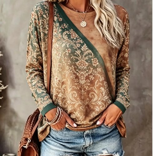 Damen Langarmshirt Vintage Washed Barock Blumenmotiv Rundhals Boho Casual Herbst Top