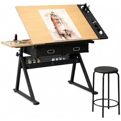 Adjustable Tilt-Top Drafting Desk with Height Control, 0–75° Angle, Maple Finish, Metal Frame