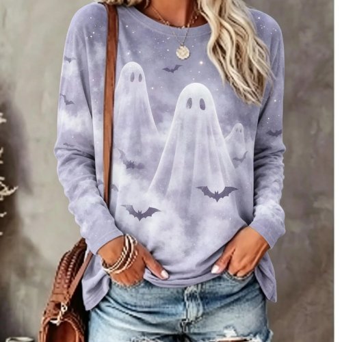 T-shirt de manga comprida de Halloween para mulher com estampado tie-dye de fantasmas, morcegos e estrelas, decote redondo
