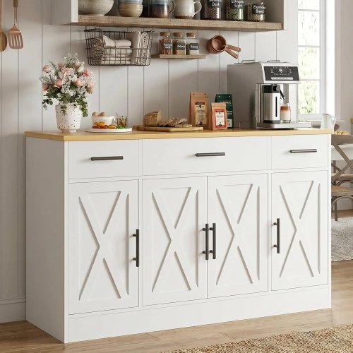 Tủ buffet 53 inch có ngăn chứa, tủ sideboard trắng lớn phong cách farmhouse, quầy cà phê bếp với 4 cửa, 3 ngăn kéo và kệ điều chỉnh cho bếp và phòng khách