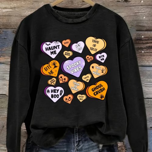 T-shirt donna maniche lunghe stampa cuore caramella Halloween girocollo ampia