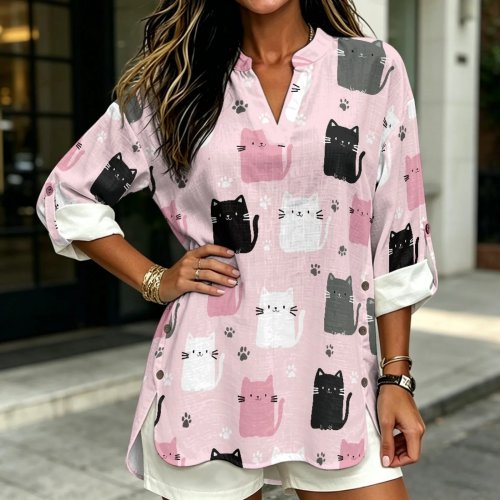 PENSTROLL Camisa Túnica de Manga Comprida Estampado Gato Rosa Efeito Linho - Top de Praia Transpirável para Início de Outono
