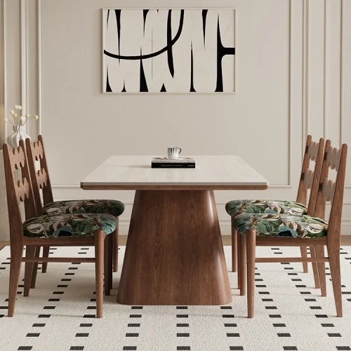 TQH7.2 Solid Wood & Sintered Stone Round Dining Table, Travertine Style, Medieval Edge-Banded Household Table
