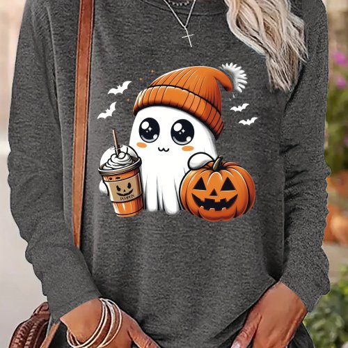 Sudadera para Mujer Halloween Estampado Fantasmas Gris Oscuro Calabaza Café Murciélago Manga Larga Cuello Redondo Casual Otoño