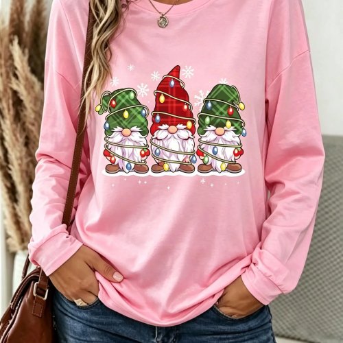 เสื้อยืดแขนยาวผู้หญิงลายโนมคริสต์มาสฤดูใบไม้ร่วงลำลองคอกลมสเวตเตอร์