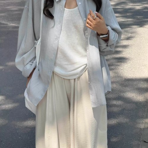 Camicia Donna Maniche Lunghe Estate Oversize Protezione Solare Stile Old Money Grigio Azzurro Chiaro