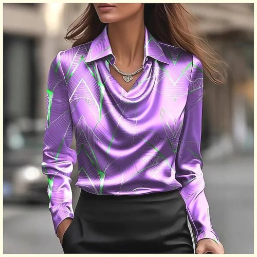 2025 Women's Printed Long Sleeve Shirt – Casual Office Lapel Blouse Top