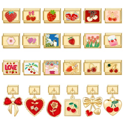 Goldfarbene Italienische Charm-Links mit Erdbeer-Kirsch-Herz-Motiv für 9-mm-Edelstahlarmband DIY Schmuckbasteln