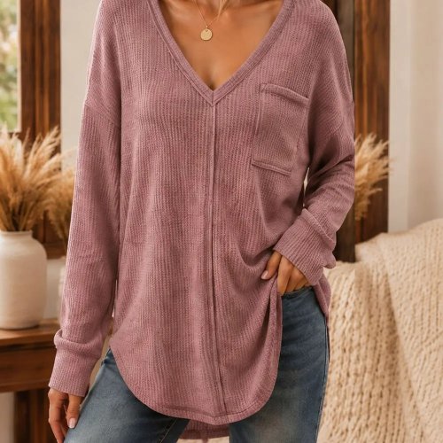 Blusa donna in maglia waffle scollo a V maniche lunghe, top casual ampio
