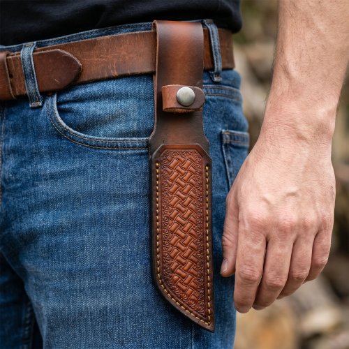 Funda para cuchillo de cuero marrón grabada a mano, funda de cuero de vaca duradera, cuchillo de transporte con cinturón para coleccionistas de cuchillos, herramienta de exterior