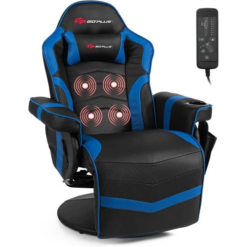 マッサージ機能付きゲーミングチェア レーシングスタイルリクライナー 背もたれ・フットレスト調節可能 人間工学ハイバックPUレザーPCチェア