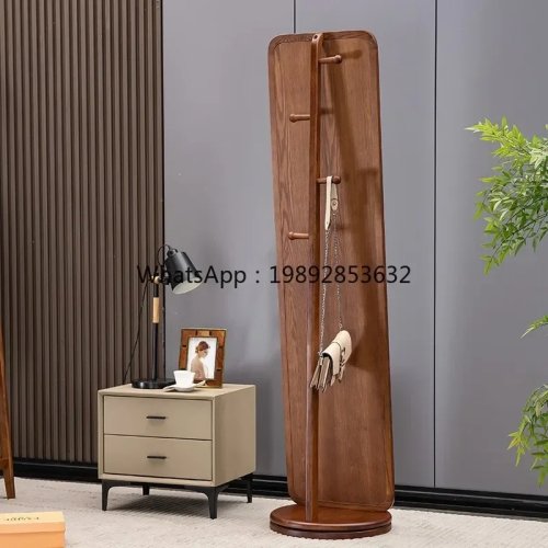 Solid Wood Floor Mirror with Rotating Coat Rack, Decorative Full-Length Dressing Mirror