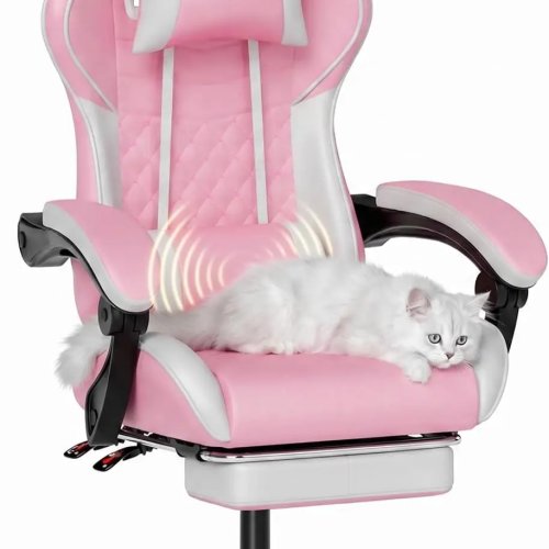 Chaise gaming avec repose-pieds et soutien lombaire massant, chaise ergonomique inclinable pour adultes, chaise de bureau dossier haut avec appui-tête, inclinaison 90°-135°, rose