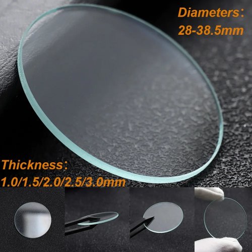 Vetro per orologio di ricambio, vetro minerale tondo piatto trasparente, spessore 1,0/1,5/2,0/2,5/3,0 mm, diametro 28-38,5 mm