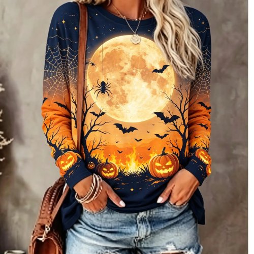 Damen Halloween Langarmshirt mit Print Vollmond, Fledermaus, toter Baum, Kürbis, Spinnennetz, Rundhals, Herbsttop