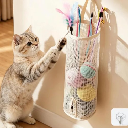 Hangende kattenspeelgoed opbergnet zak, wandgemonteerde kattenhengel organizer, deur achter huisdierbenodigdheden opbergzak voor kattenspeelgoed