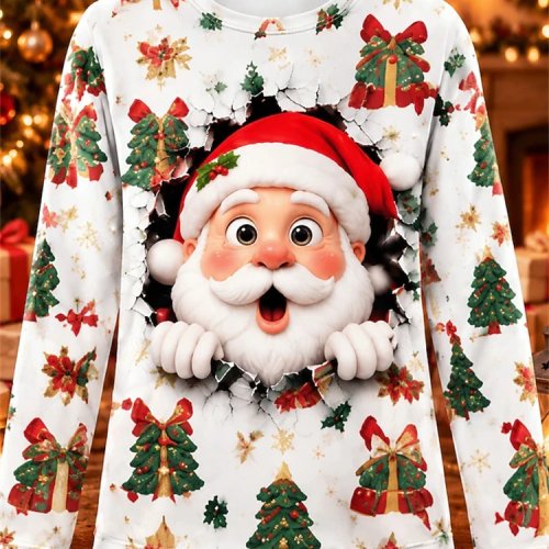2026 Nueva Camiseta Navideña de Manga Larga para Mujer Cuello Redondo con Estampado de Santa Claus Lindo Perfecta para Fiestas Navideñas