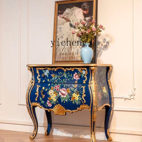 Hand-Painted 2-Drawer Chest of Drawers – Carved Entryway Cabinet for Living Room