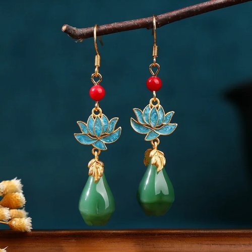 Groene natuurlijke jade bloem oorbellen – Vintage 18K vergulde steen sieraden, luxe cadeau voor dames, modeaccessoires