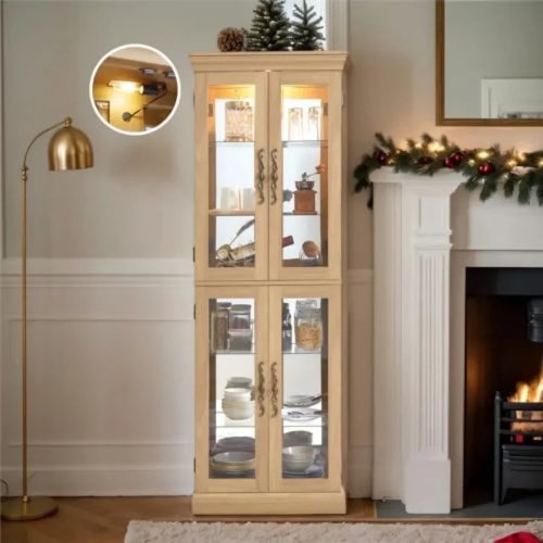 Lighted Curio Cabinet for Living Room, Vintage Wood Black Finish, Adjustable Shelves, 4 Tempered Glass Doors with Built-in Lighting