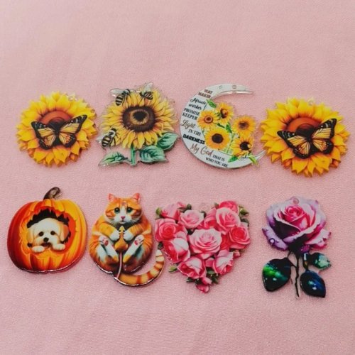 10pcs Acrylic Double-Sided Colorful Sunflower & Rose Charms DIY Jewelry Making Pendant Accessories