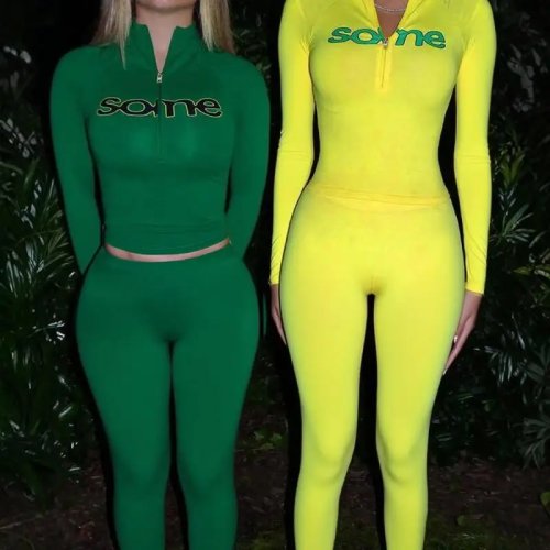 Setelan Wanita 2 Piece Cetak Huruf Half Zip Lengan Panjang Atasan Y2K Celana Skinny Pinggang Tinggi Set Tracksuit Fitness Kasual