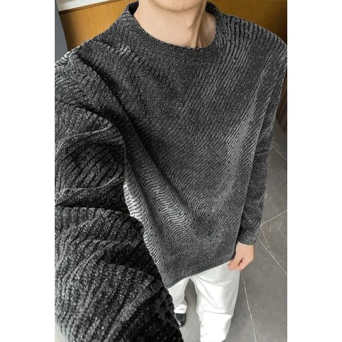 Sweat Homme Col Rond Manches Longues Rayures Diagonales Jacquard Coupe Oversize Loose pour Automne Streetwear