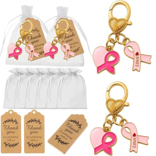 5-20 Set Portachiavi Cuore Nastro Rosa Sensibilizzazione Cancro al Seno, Set Regalo con Etichette e Sacchetti in Organza, Regali Souvenir