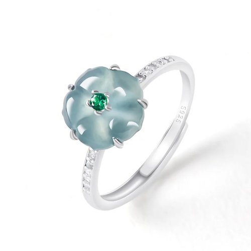 天然ビルマ翡翠 花彫りリング – ヴィンテージ925シルバー チャーム お守り 宝石