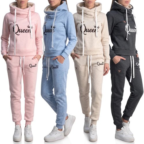 Conjunto Deportivo Mujer Invierno Otoño Polar 2 Piezas Sudadera con Capucha y Pantalón Jogger Estampado Letras Queen Casual Cálido