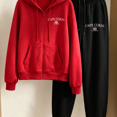 Set 2 pezzi donna: felpa con cappuccio e zip e pantaloni della tuta, pile, caldo, tasche, oversize, basic, stampa