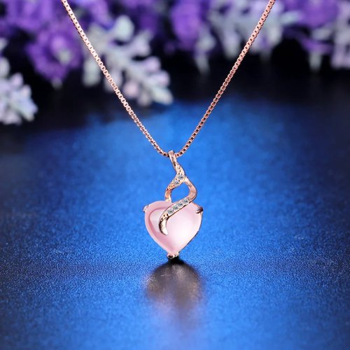 Pink Natural Jade Heart Pendant Necklace, Carved Gemstone Designer Amulet, Vintage Rose Gold Plated Jewelry Gift for Women