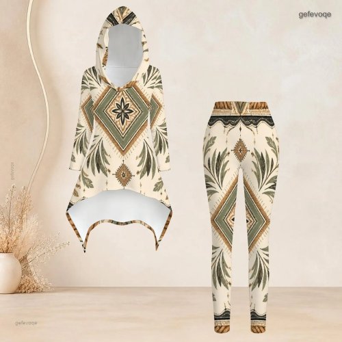 Conjunto de 2 piezas para mujer con estampado étnico geométrico de rombos y hojas, top con capucha de manga larga asimétrico y pantalón ajustado
