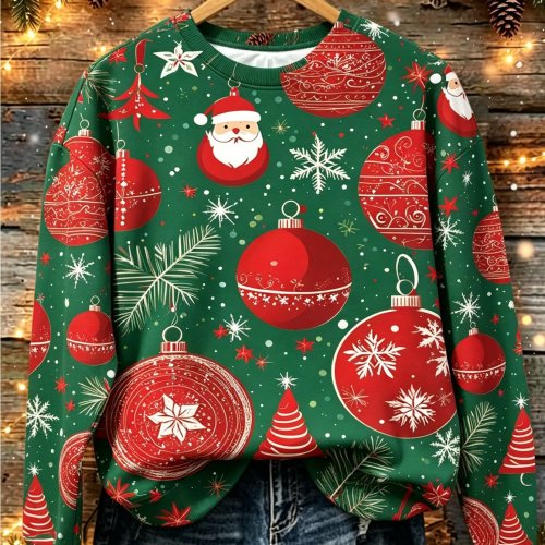 Women's Long Sleeve Christmas Print T-Shirt - Round Neck Santa Claus Snowflake Holiday Casual Top