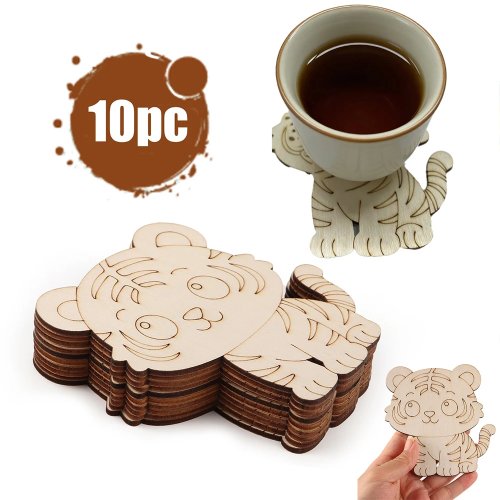 10 قطع مجموعة زينة خشبية غير مكتملة شكل نمر وقواعد أكواب - لوازم DIY يدوية للزفاف وديكور المنزل