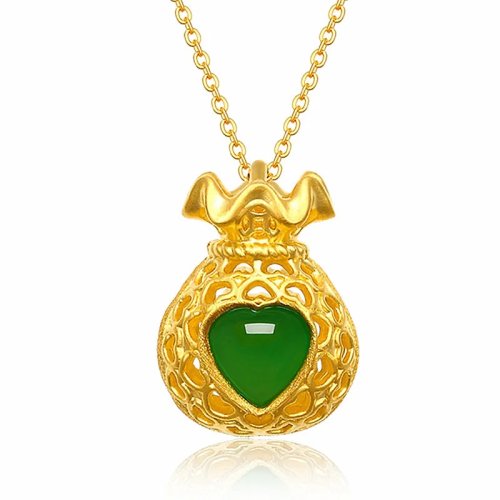 Collar con Colgante de Jade Verde Natural Bolsa de la Suerte - Amuleto Joyería Auténtica Encanto Vintage
