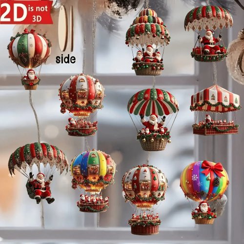 10 ชิ้น ของตกแต่งคริสต์มาสไม้แบน 2D - ที่แขวนบอลลูนและซานตาคลอสสำหรับต้นคริสต์มาส ตกแต่งเทศกาล