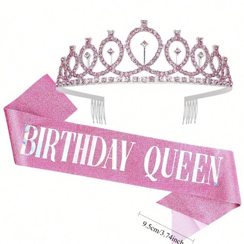 Set de Banda y Tiara Reina de Cumpleaños para Mujer, Banda de Fiesta con Escarcha Rosa y Corona de Strass