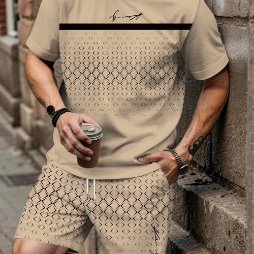 Heren Casual Set: T-shirt & Korte Broek met Gestreepte Patchwork Print, Ronde Hals, Korte Mouwen (2-delig)
