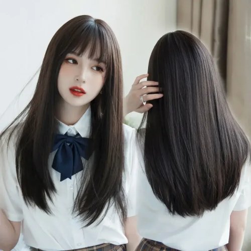 Synthetische lange steile pruik 50 cm met air bangs – Ademende cosplaypruik voor dames in JK-girlstijl