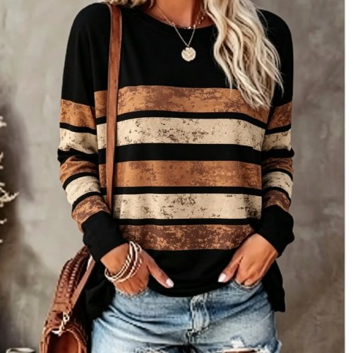 Kaos Lengan Panjang Wanita Vintage Distressed Motif Garis Color Block Crew Neck Casual Musim Gugur