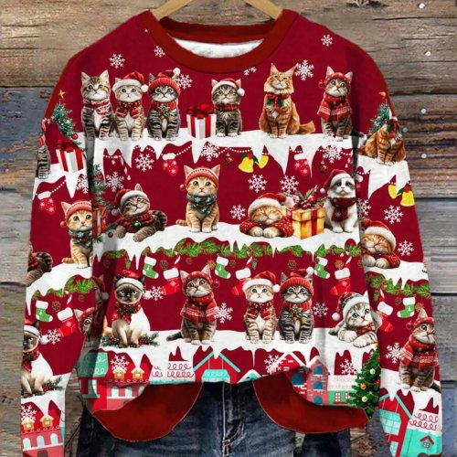 T-shirt à manches longues femme 2026, imprimé Noël chat flocon de neige, top décontracté automne pour fête